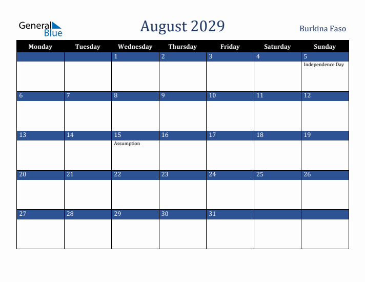 August 2029 Burkina Faso Calendar (Monday Start)