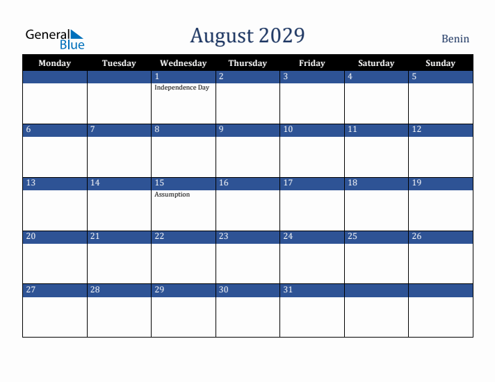 August 2029 Benin Calendar (Monday Start)