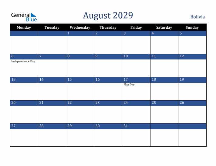 August 2029 Bolivia Calendar (Monday Start)