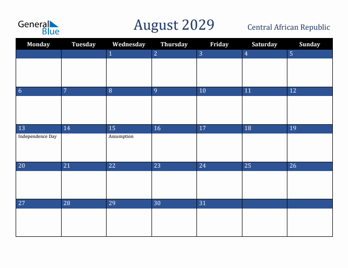 August 2029 Central African Republic Calendar (Monday Start)