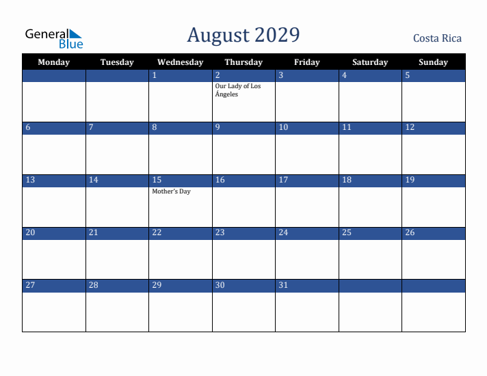August 2029 Costa Rica Calendar (Monday Start)