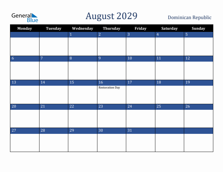 August 2029 Dominican Republic Calendar (Monday Start)