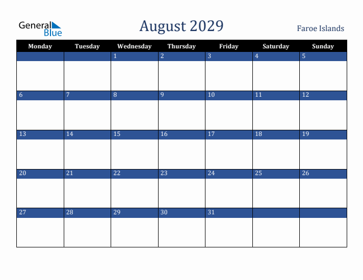 August 2029 Faroe Islands Calendar (Monday Start)