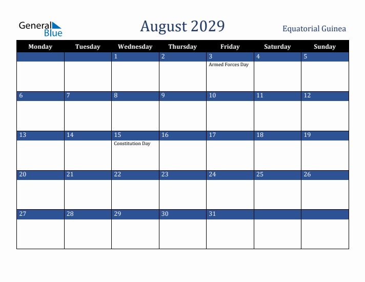 August 2029 Equatorial Guinea Calendar (Monday Start)
