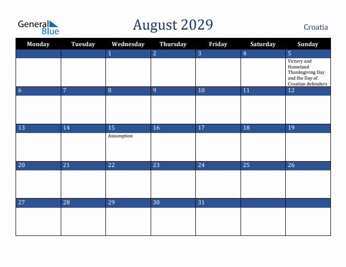 August 2029 Croatia Calendar (Monday Start)