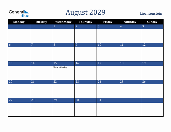 August 2029 Liechtenstein Calendar (Monday Start)