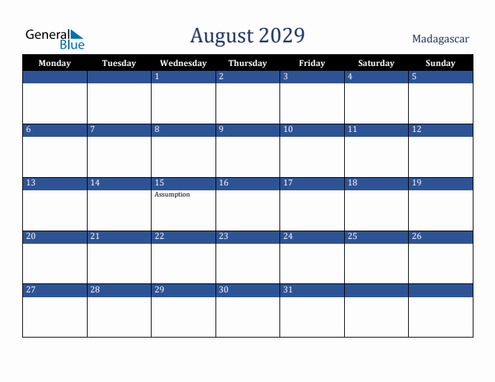 August 2029 Madagascar Calendar (Monday Start)