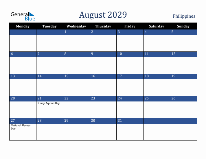 August 2029 Philippines Calendar (Monday Start)