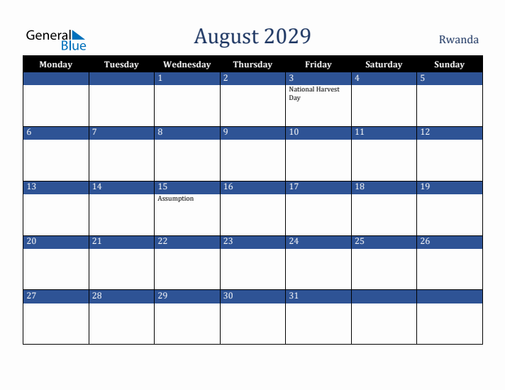 August 2029 Rwanda Calendar (Monday Start)