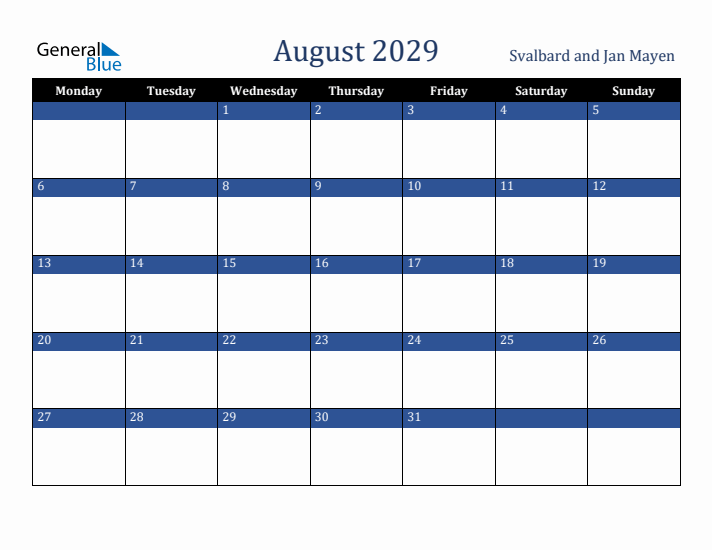 August 2029 Svalbard and Jan Mayen Calendar (Monday Start)