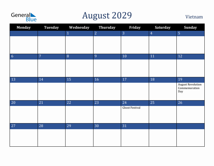 August 2029 Vietnam Calendar (Monday Start)