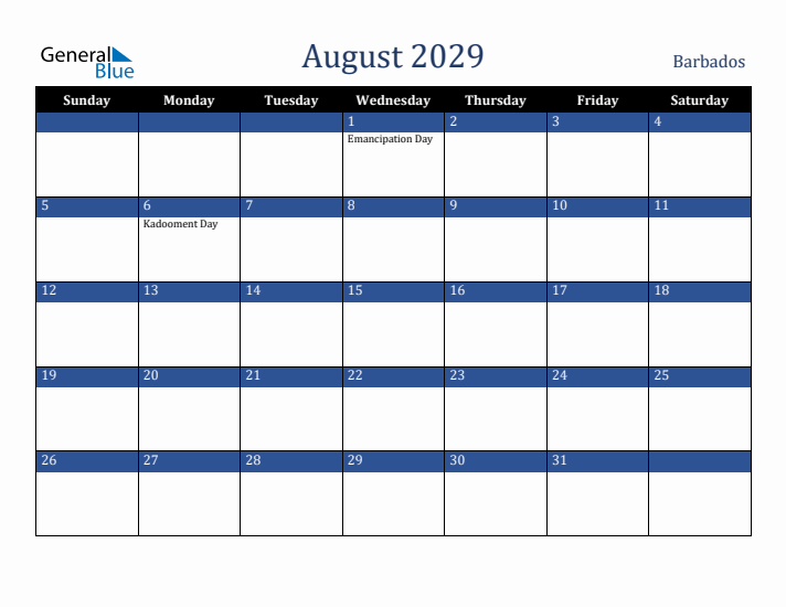 August 2029 Barbados Calendar (Sunday Start)