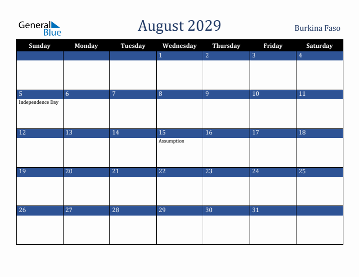 August 2029 Burkina Faso Calendar (Sunday Start)