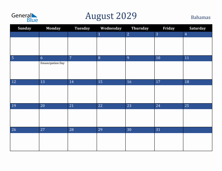 August 2029 Bahamas Calendar (Sunday Start)