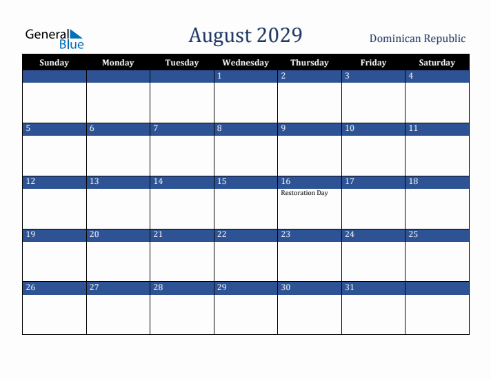 August 2029 Dominican Republic Calendar (Sunday Start)
