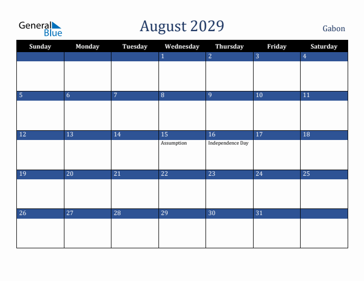 August 2029 Gabon Calendar (Sunday Start)