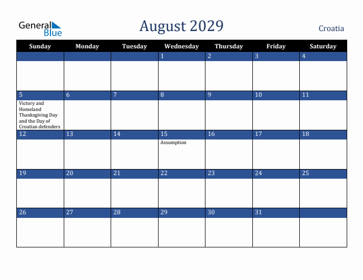 August 2029 Croatia Calendar (Sunday Start)
