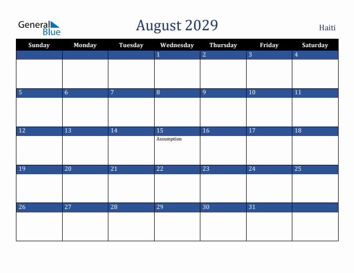 August 2029 Haiti Calendar (Sunday Start)