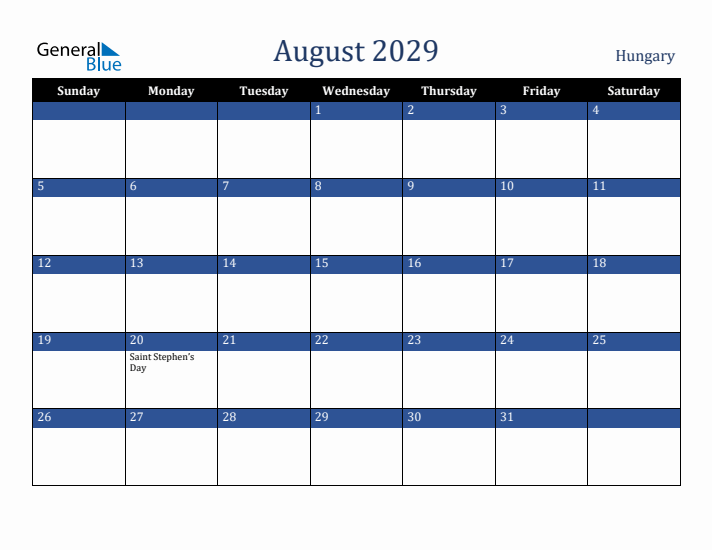 August 2029 Hungary Calendar (Sunday Start)