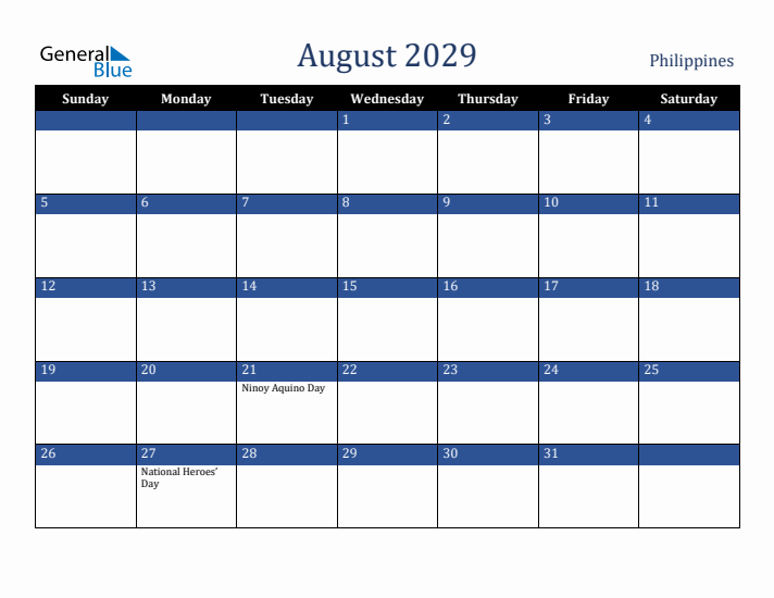 August 2029 Philippines Calendar (Sunday Start)