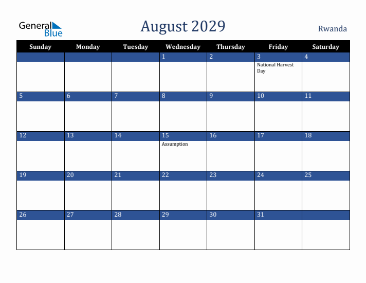 August 2029 Rwanda Calendar (Sunday Start)