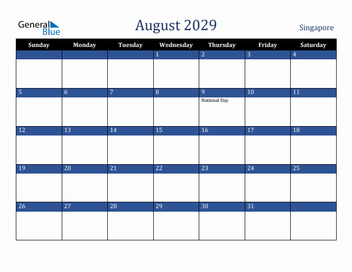 August 2029 Singapore Calendar (Sunday Start)