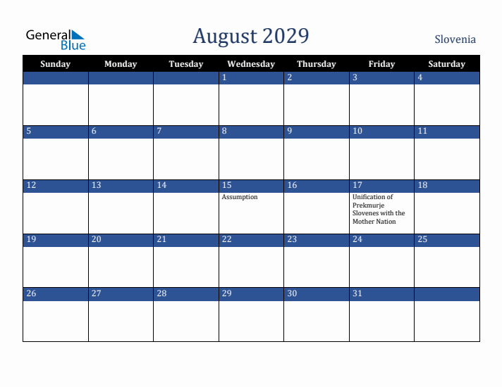 August 2029 Slovenia Calendar (Sunday Start)