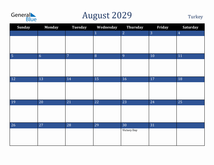 August 2029 Turkey Calendar (Sunday Start)