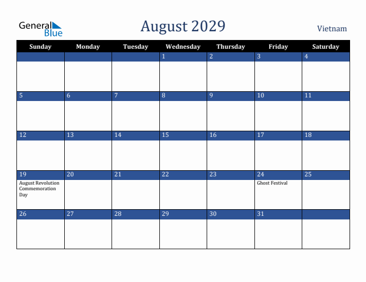 August 2029 Vietnam Calendar (Sunday Start)