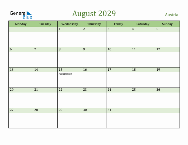 August 2029 Calendar with Austria Holidays