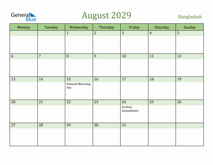 August 2029 Calendar with Bangladesh Holidays