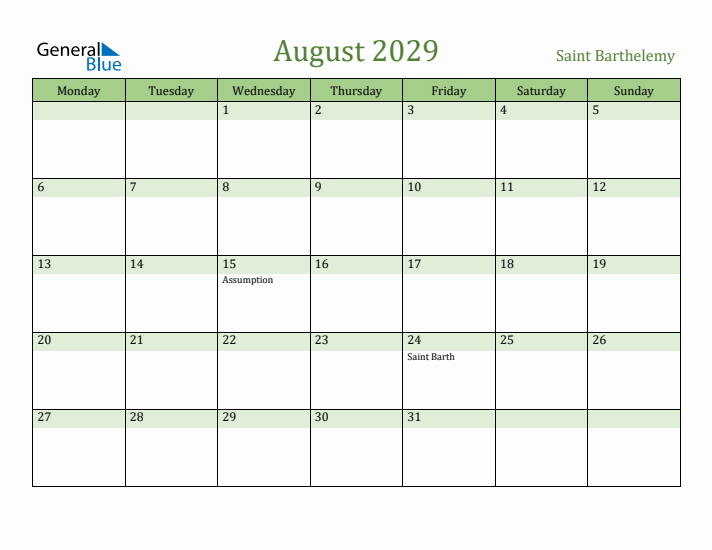 August 2029 Calendar with Saint Barthelemy Holidays