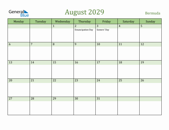 August 2029 Calendar with Bermuda Holidays