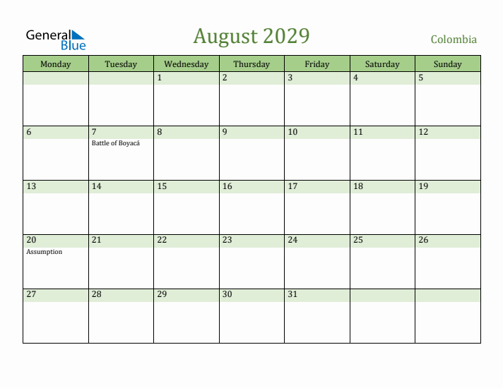 August 2029 Calendar with Colombia Holidays