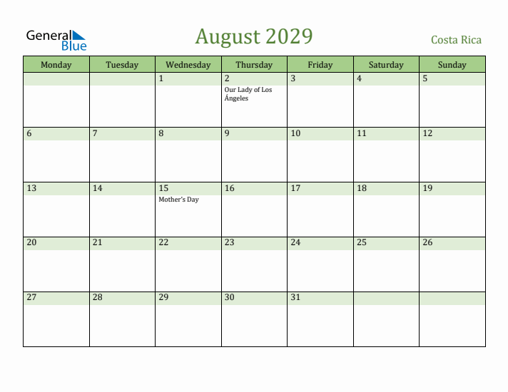 August 2029 Calendar with Costa Rica Holidays