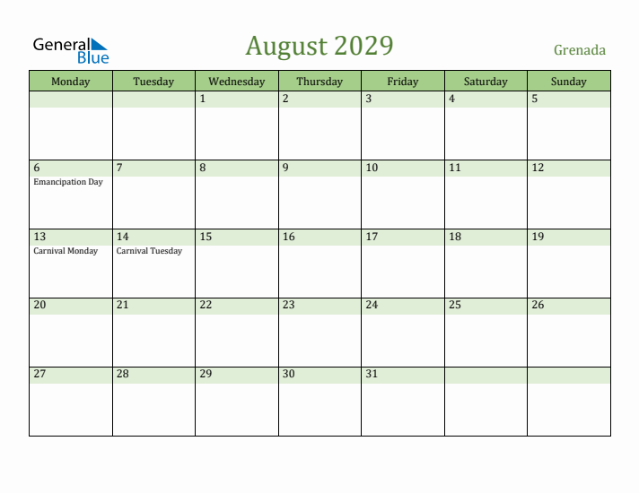 August 2029 Calendar with Grenada Holidays