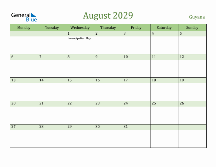 August 2029 Calendar with Guyana Holidays