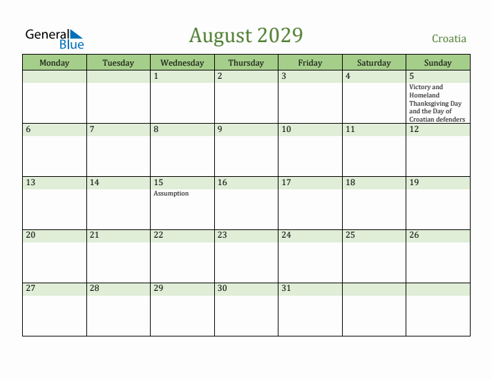 August 2029 Calendar with Croatia Holidays