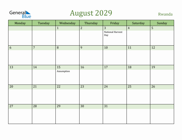 August 2029 Calendar with Rwanda Holidays