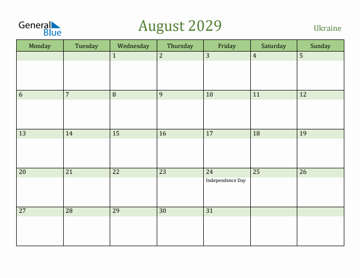 August 2029 Calendar with Ukraine Holidays