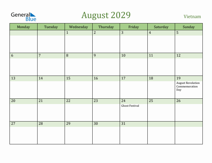 August 2029 Calendar with Vietnam Holidays