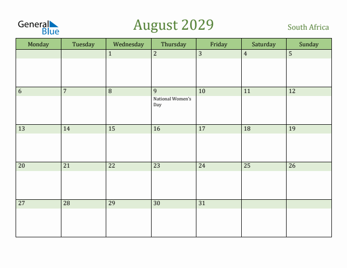 August 2029 Calendar with South Africa Holidays