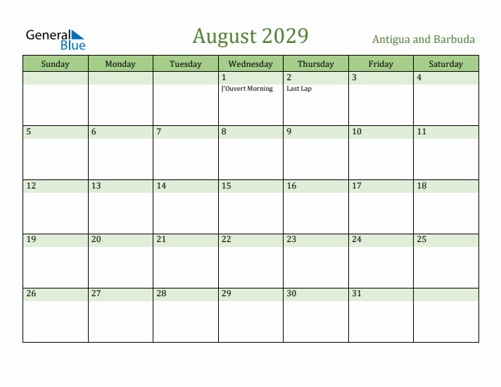 August 2029 Calendar with Antigua and Barbuda Holidays