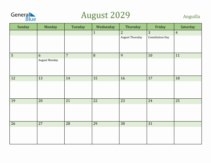 August 2029 Calendar with Anguilla Holidays