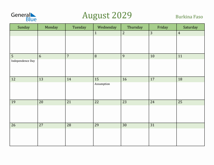 August 2029 Calendar with Burkina Faso Holidays