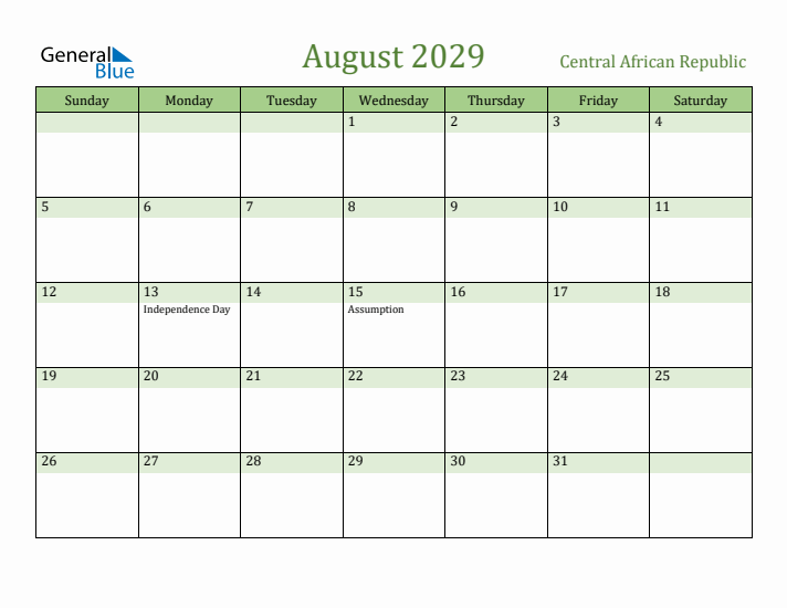 August 2029 Calendar with Central African Republic Holidays