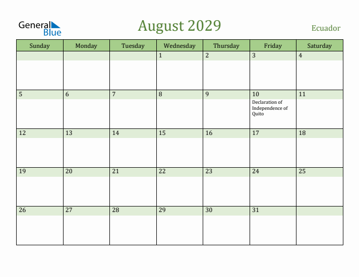 August 2029 Calendar with Ecuador Holidays