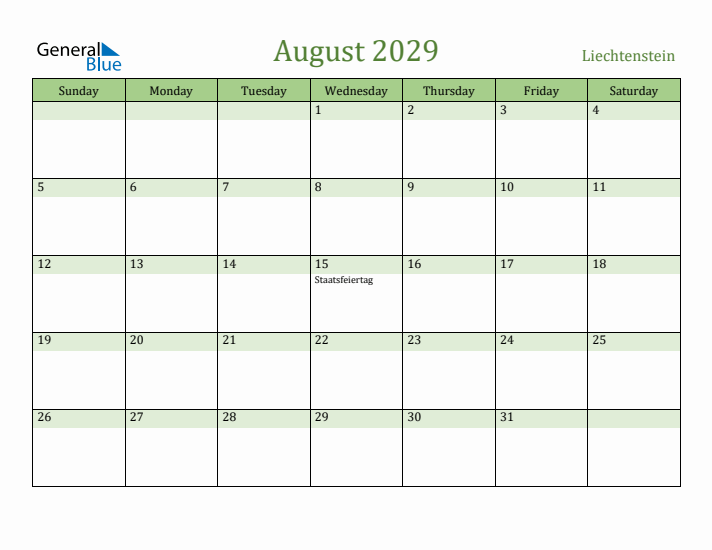 August 2029 Calendar with Liechtenstein Holidays