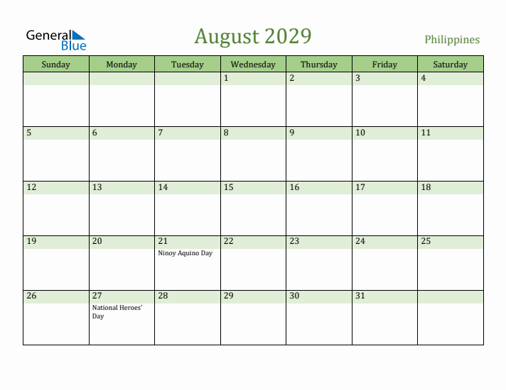 August 2029 Calendar with Philippines Holidays