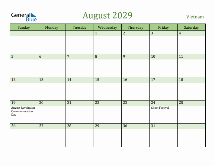 August 2029 Calendar with Vietnam Holidays